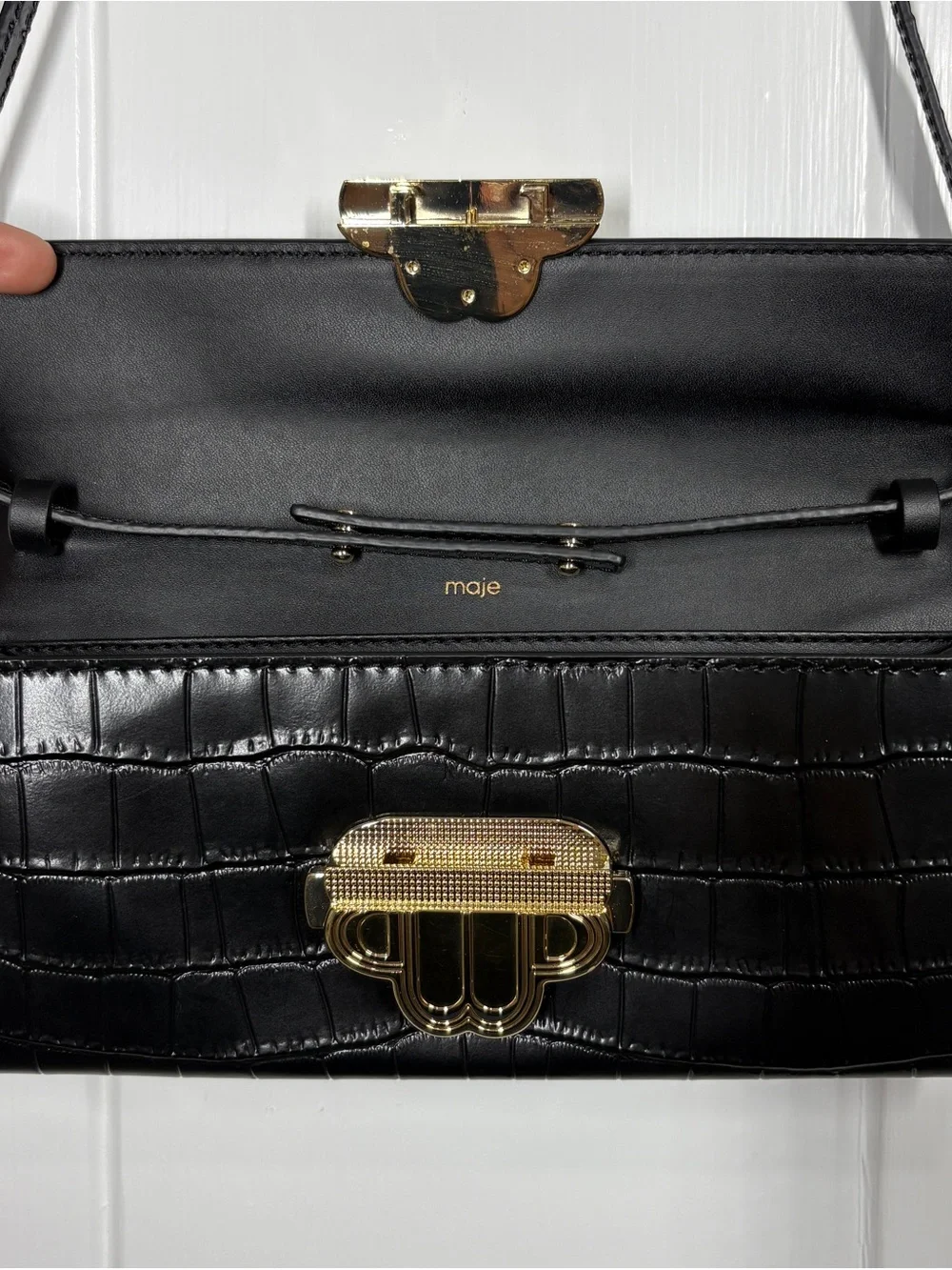 Maje Crocodile-Embossed Leather Bag Clutch Black Gold Clover Clasp Baguette